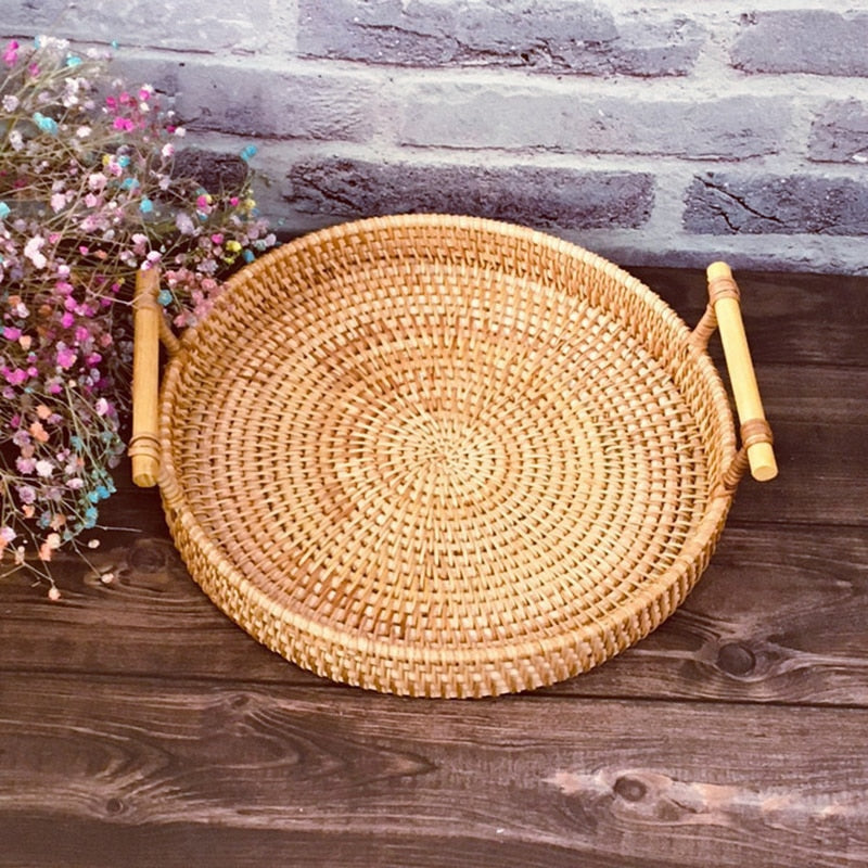 Rattan Bread Storage Basket Woven Storage Basket Fruit Cake Snacks Round Tray Picnic Basket Hand Woven Rattan Storage Tray Hot Vy's Authentic Shoppe
