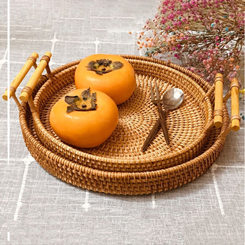 Rattan Bread Storage Basket Woven Storage Basket Fruit Cake Snacks Round Tray Picnic Basket Hand Woven Rattan Storage Tray Hot Vy's Authentic Shoppe