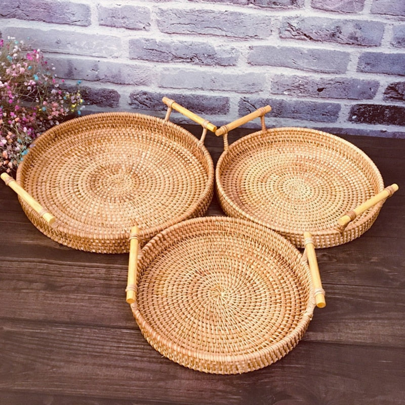 Rattan Bread Storage Basket Woven Storage Basket Fruit Cake Snacks Round Tray Picnic Basket Hand Woven Rattan Storage Tray Hot Vy's Authentic Shoppe