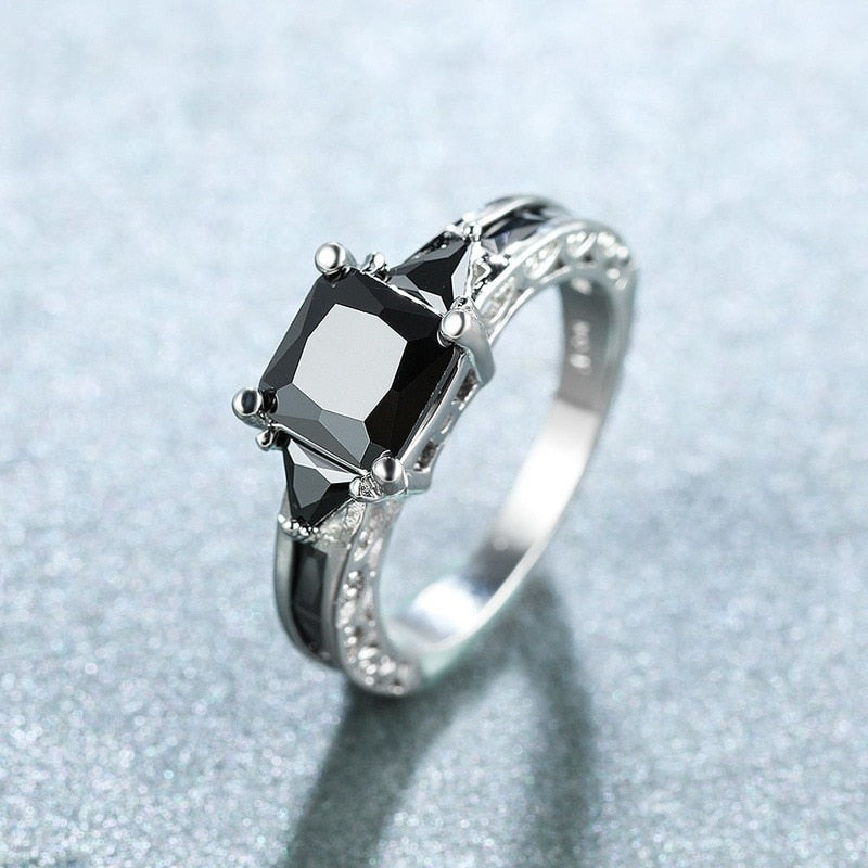 Delicate Silver Color Trendy Ring for Women Elegant Princess Cut Inlaid Black Zircon Stones Wedding Ring Engagement Jewelry Vy's Authentic Shoppe