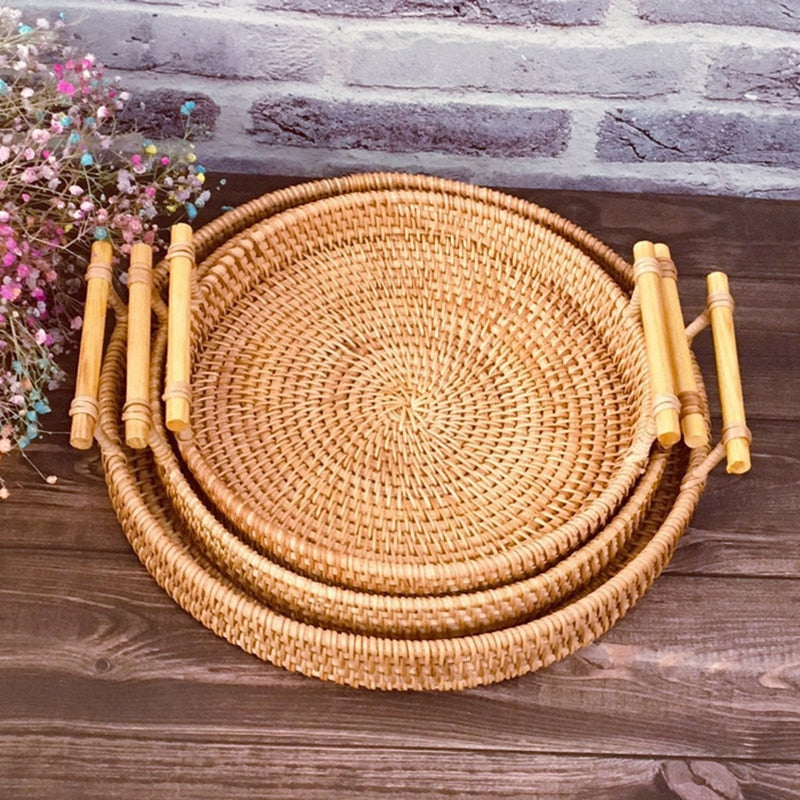 Rattan Bread Storage Basket Woven Storage Basket Fruit Cake Snacks Round Tray Picnic Basket Hand Woven Rattan Storage Tray Hot Vy's Authentic Shoppe