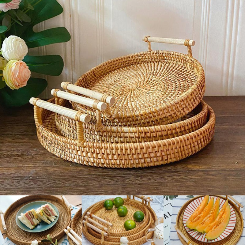 Rattan Bread Storage Basket Woven Storage Basket Fruit Cake Snacks Round Tray Picnic Basket Hand Woven Rattan Storage Tray Hot Vy's Authentic Shoppe