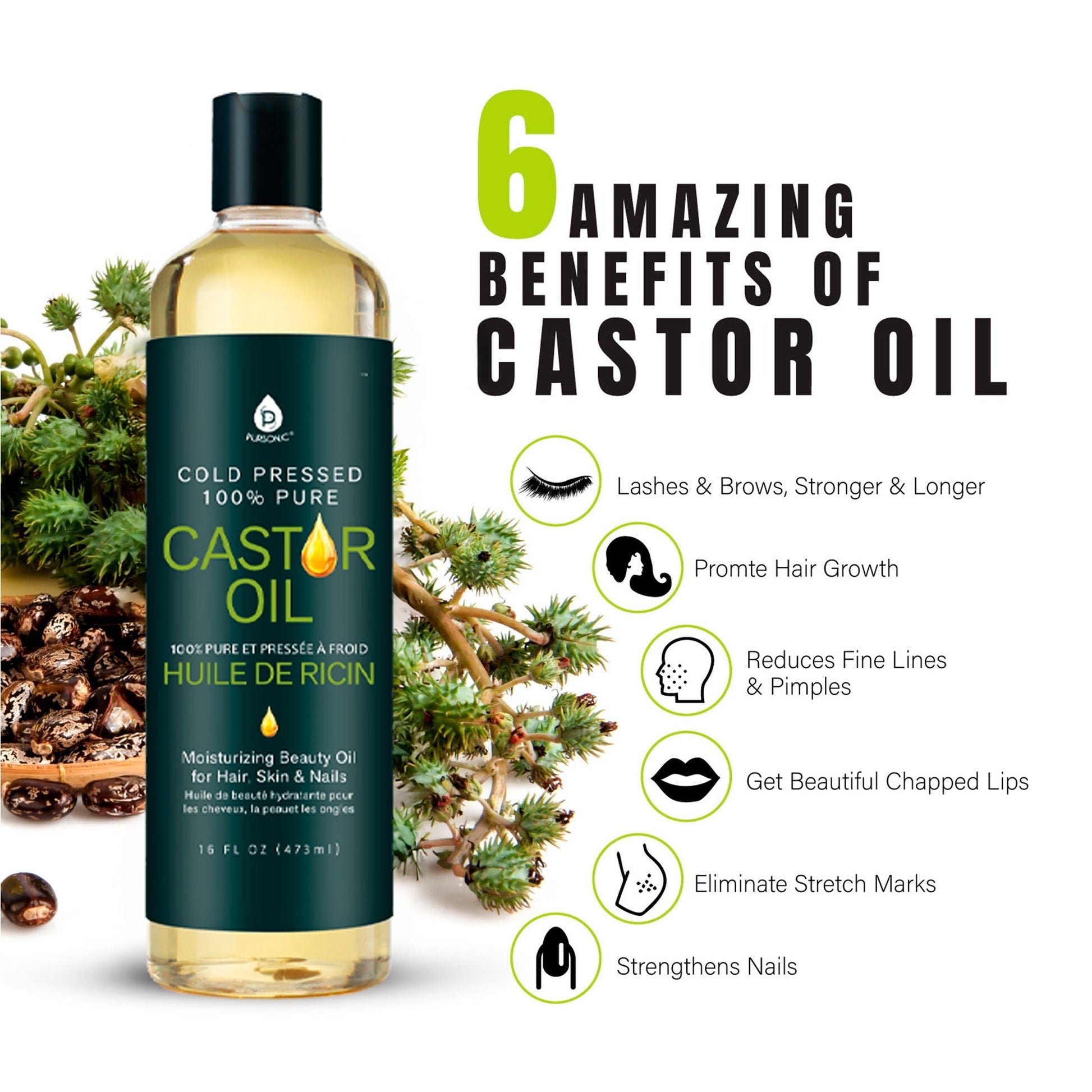 100% Pure Cold Pressed Castor Oil 16 Oz DC-PURSONIC