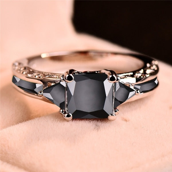 Delicate Silver Color Trendy Ring for Women Elegant Princess Cut Inlaid Black Zircon Stones Wedding Ring Engagement Jewelry Vy's Authentic Shoppe